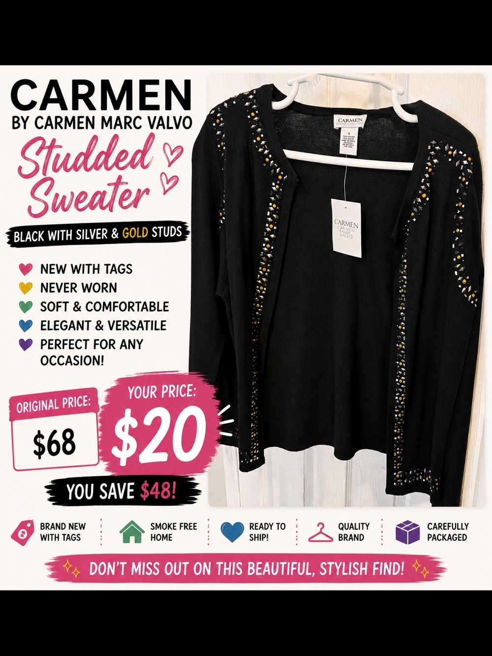 Carmen Marc Valvo Black Studded Sweater